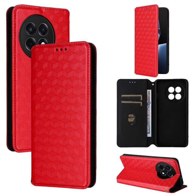 

For OnePlus 13R / Ace 5 / Ace 5 Pro Cubic Grid Texture Flip Leather Phone Case(Red)
