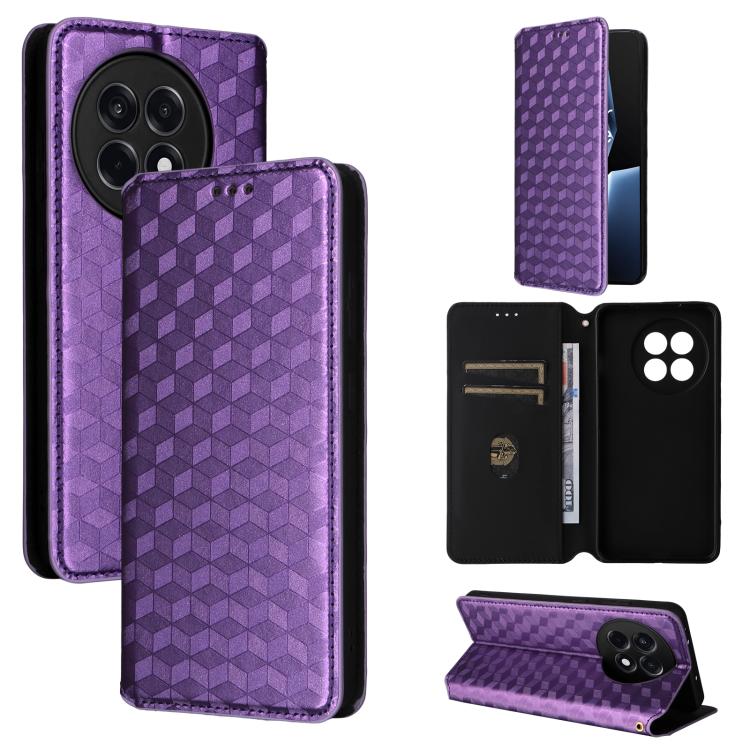 

For OnePlus 13R / Ace 5 / Ace 5 Pro Cubic Grid Texture Flip Leather Phone Case(Purple)