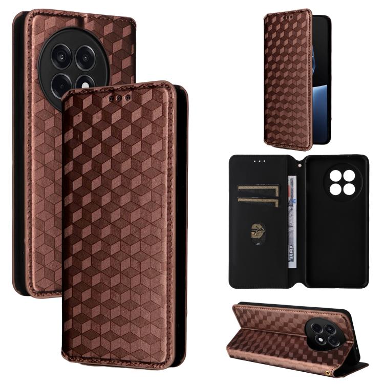 

For OnePlus 13R / Ace 5 / Ace 5 Pro Cubic Grid Texture Flip Leather Phone Case(Brown)