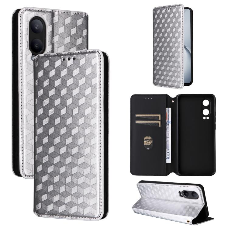 

For OnePlus Nord CE4 Lite Cubic Grid Texture Flip Leather Phone Case(Silver)