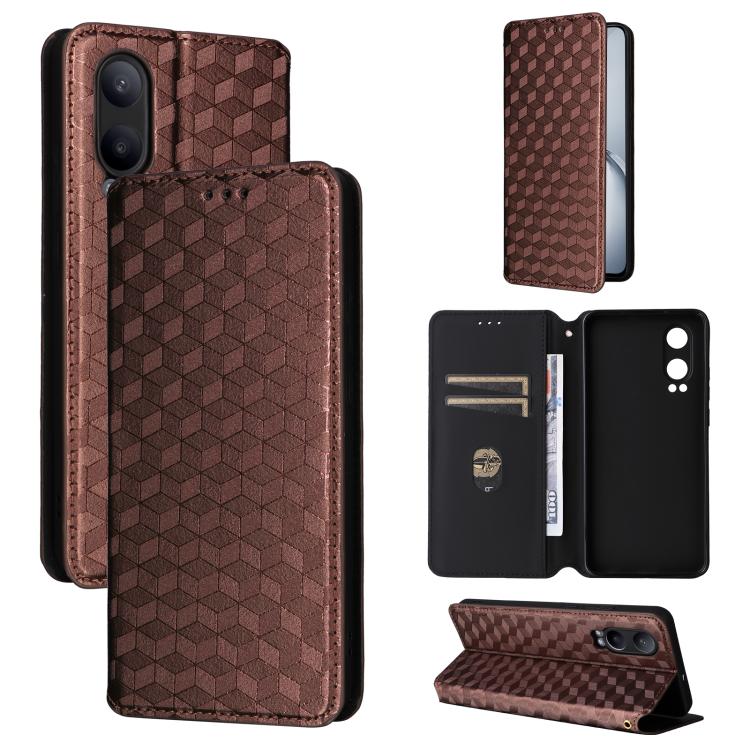 

For OnePlus Nord CE4 Lite Cubic Grid Texture Flip Leather Phone Case(Brown)