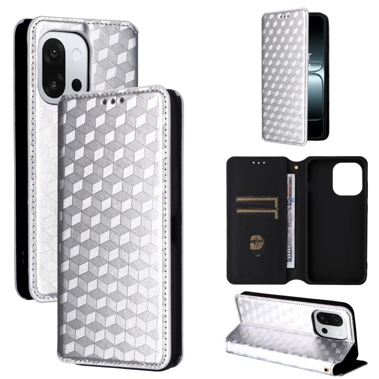 

For OnePlus 13T Cubic Grid Texture Flip Leather Phone Case(Silver)
