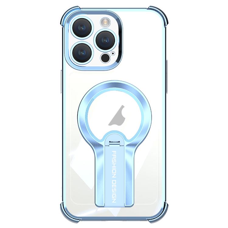 

For iPhone 16 Pro Shockproof Electroplating MagSafe Holder Phone Case(Blue)