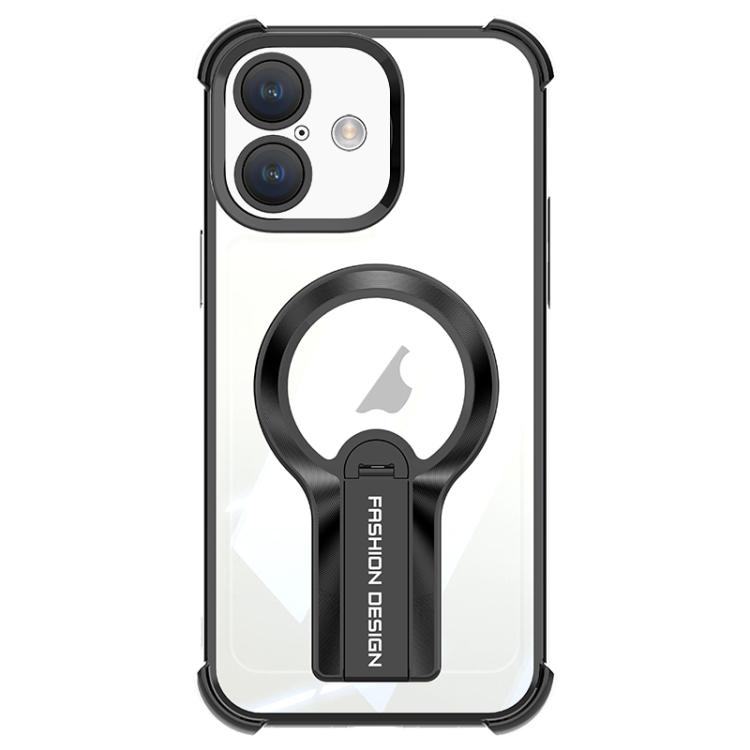 

For iPhone 16 Plus Shockproof Electroplating MagSafe Holder Phone Case(Black)