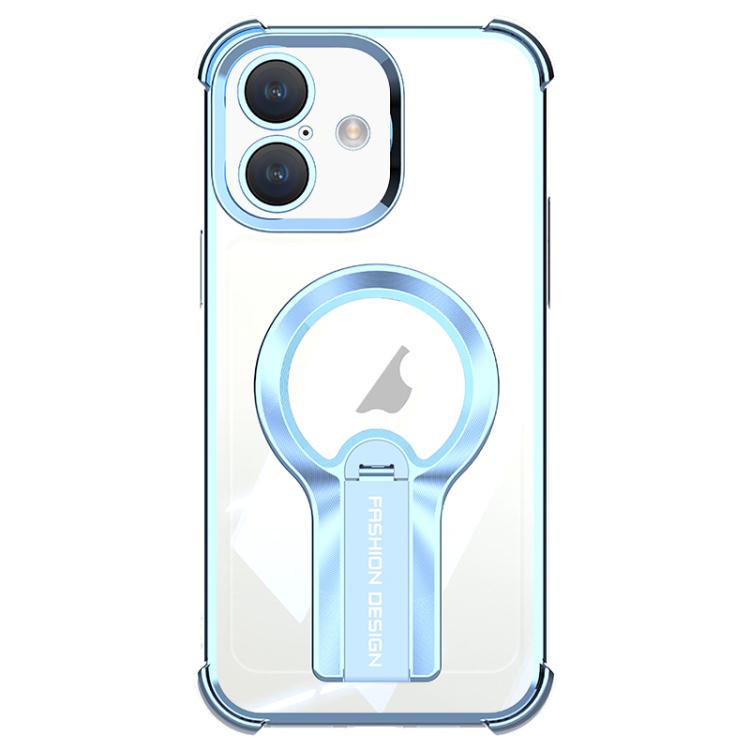 

For iPhone 16 Shockproof Electroplating MagSafe Holder Phone Case(Blue)