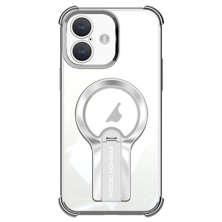 

For iPhone 16 Shockproof Electroplating MagSafe Holder Phone Case(Silver)