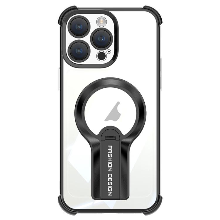 

For iPhone 14 Pro Shockproof Electroplating MagSafe Holder Phone Case(Black)