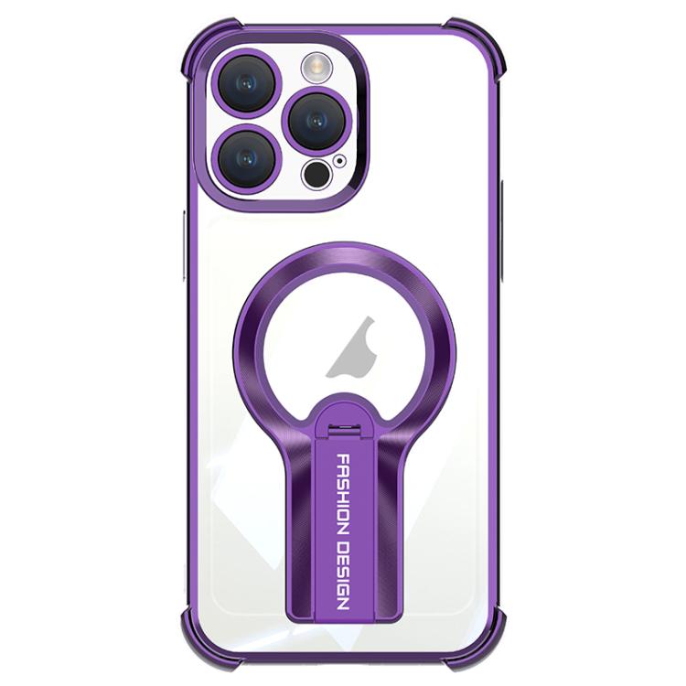 

For iPhone 14 Pro Max Shockproof Electroplating MagSafe Holder Phone Case(Purple)