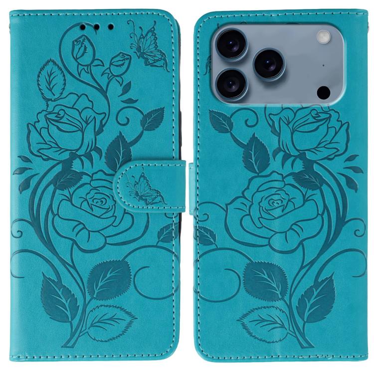 

For iPhone 17 Pro Max Rose Butterfly Embossed Leather Phone Case(Blue)