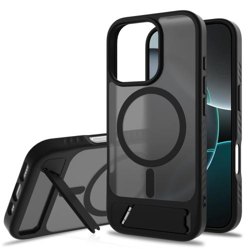 

For iPhone 16 Pro Frosted Holder PC Hybrid TPU MagSafe Phone Case(Black)