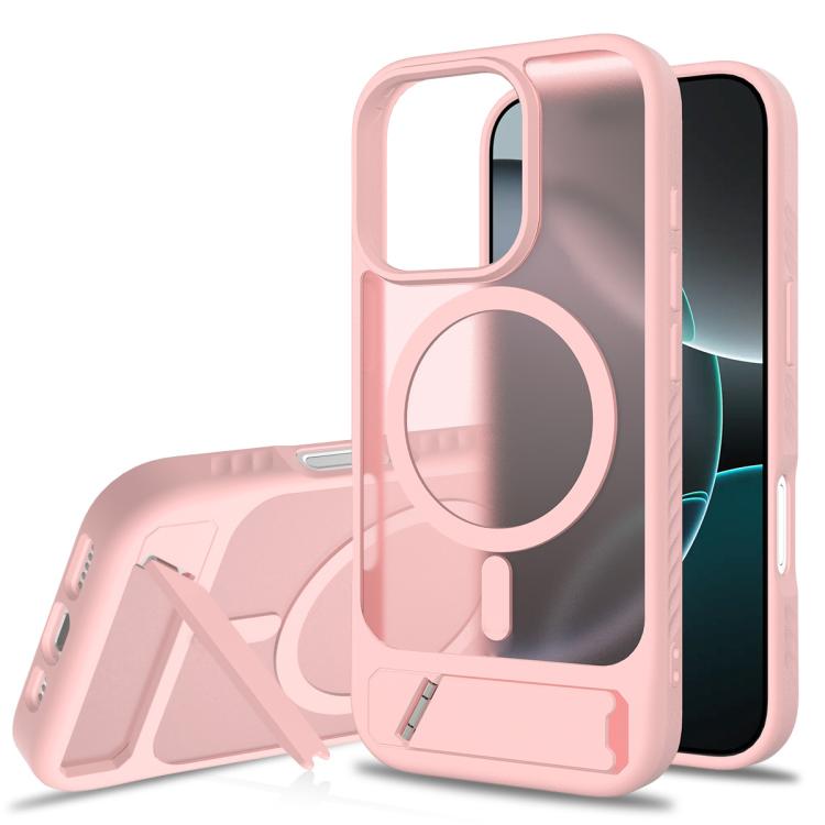 

For iPhone 16 Pro Frosted Holder PC Hybrid TPU MagSafe Phone Case(Pink)
