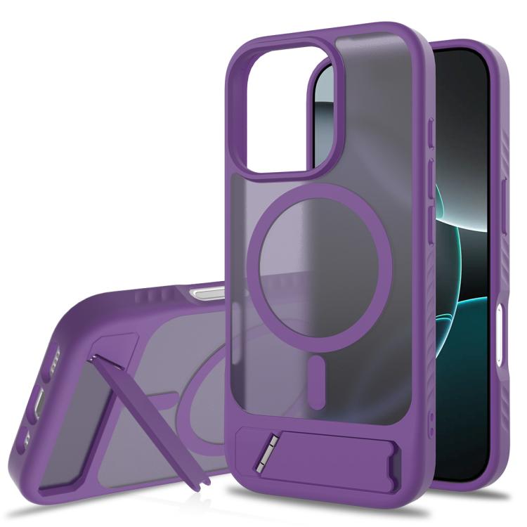 

For iPhone 16 Pro Frosted Holder PC Hybrid TPU MagSafe Phone Case(Purple)