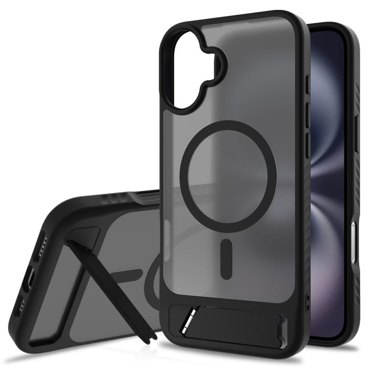 

For iPhone 16 Plus Frosted Holder PC Hybrid TPU MagSafe Phone Case(Black)
