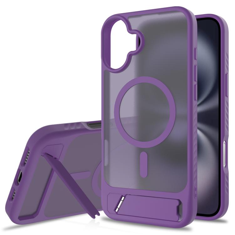 

For iPhone 16 Plus Frosted Holder PC Hybrid TPU MagSafe Phone Case(Purple)