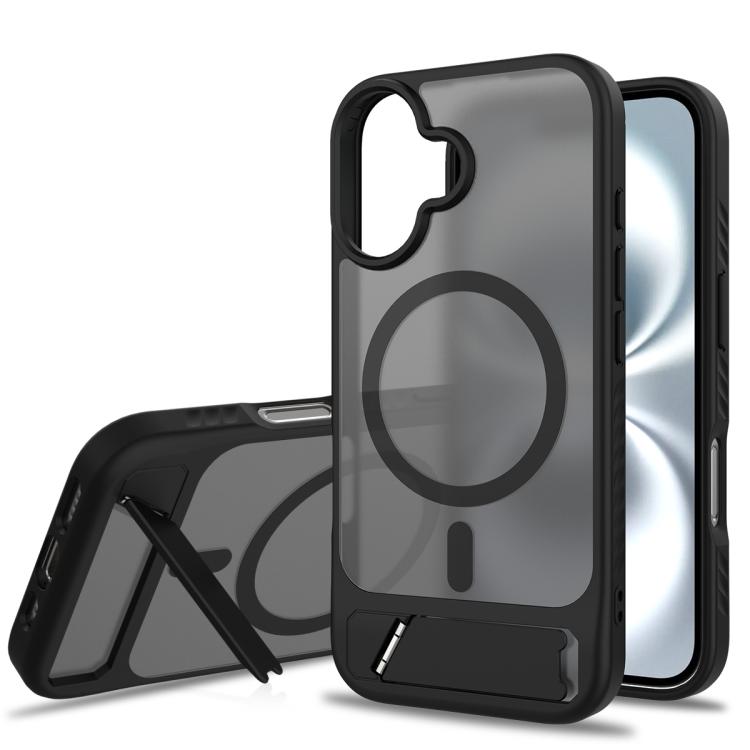 

For iPhone 16 Frosted Holder PC Hybrid TPU MagSafe Phone Case(Black)