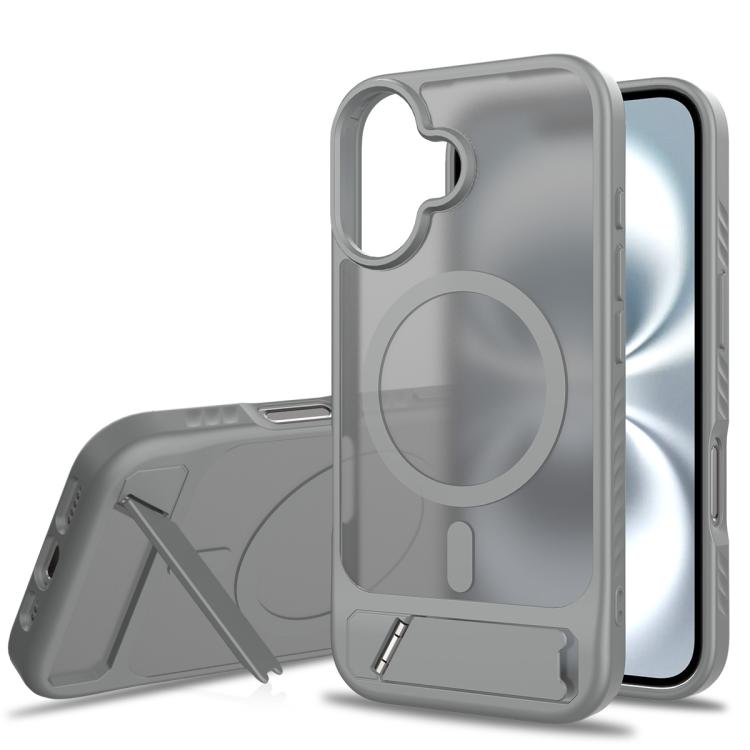 

For iPhone 16 Frosted Holder PC Hybrid TPU MagSafe Phone Case(Dark Grey)