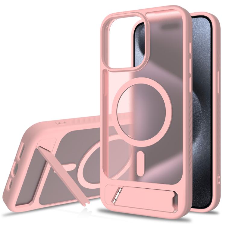 

For iPhone 15 Pro Max Frosted Holder PC Hybrid TPU MagSafe Phone Case(Pink)