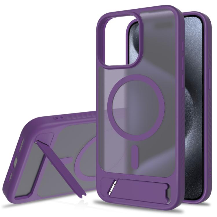 

For iPhone 15 Pro Max Frosted Holder PC Hybrid TPU MagSafe Phone Case(Purple)