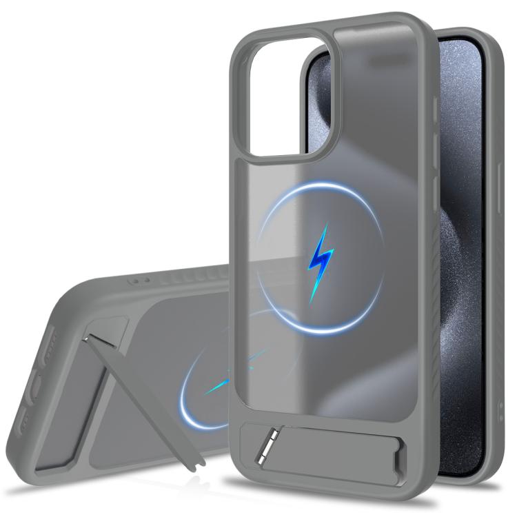 

For iPhone 15 Pro Frosted Holder PC Hybrid TPU MagSafe Phone Case(Dark Grey)