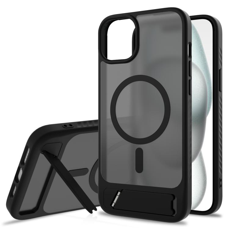 

For iPhone 15 Plus Frosted Holder PC Hybrid TPU MagSafe Phone Case(Black)