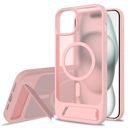 

For iPhone 15 Plus Frosted Holder PC Hybrid TPU MagSafe Phone Case(Pink)