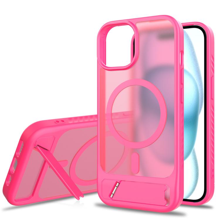 

For iPhone 15 Frosted Holder PC Hybrid TPU MagSafe Phone Case(Rose Red)