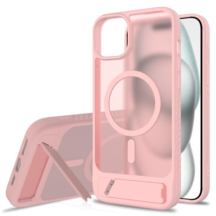 

For iPhone 14 Plus Frosted Holder PC Hybrid TPU MagSafe Phone Case(Pink)