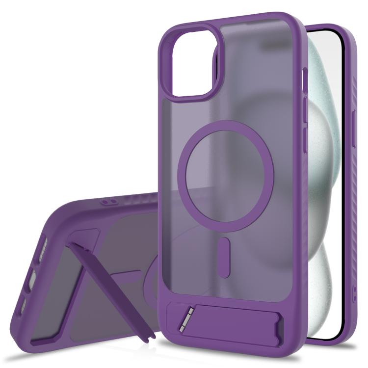 

For iPhone 14 Plus Frosted Holder PC Hybrid TPU MagSafe Phone Case(Purple)