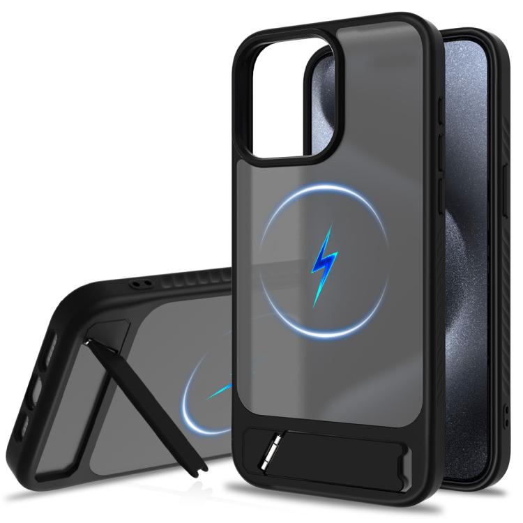 

For iPhone 14 Pro Frosted Holder PC Hybrid TPU MagSafe Phone Case(Black)