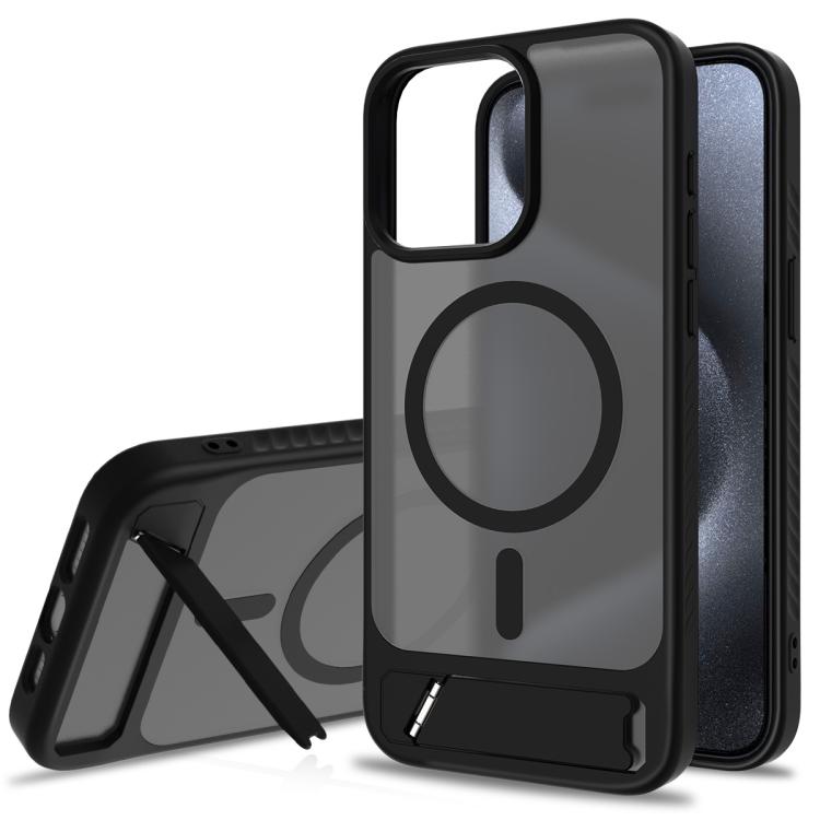 

For iPhone 14 Pro Max Frosted Holder PC Hybrid TPU MagSafe Phone Case(Black)