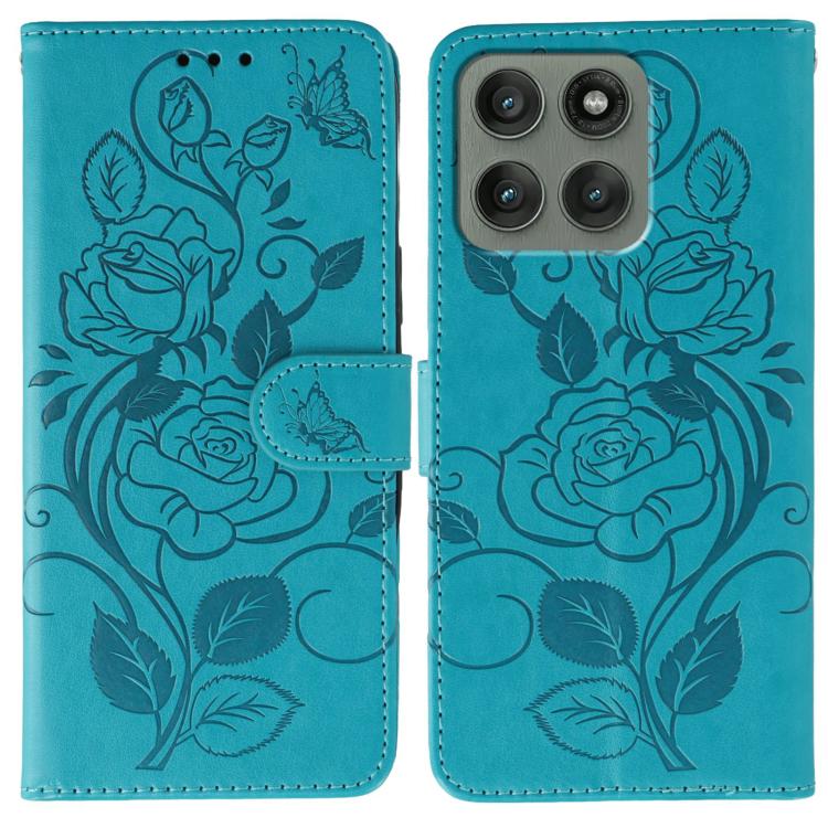 

For Motorola Edge 60 Pro Rose Butterfly Embossed Leather Phone Case(Blue)