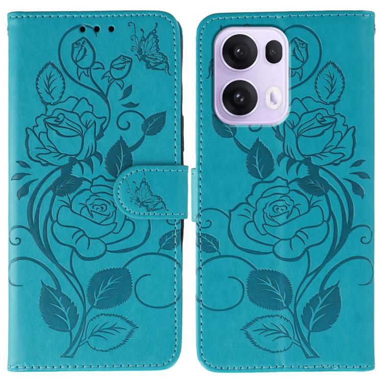 

For OPPO Reno13 Pro 5G Global Rose Butterfly Embossed Leather Phone Case(Blue)
