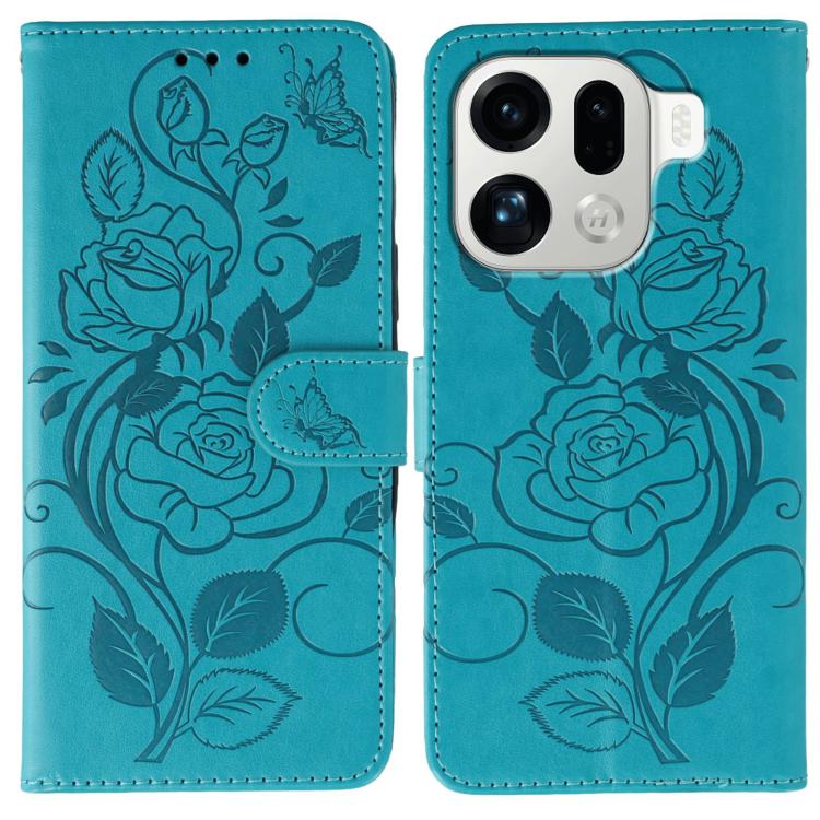 

For OPPO Find X9 Pro Rose Butterfly Embossed Leather Phone Case(Blue)