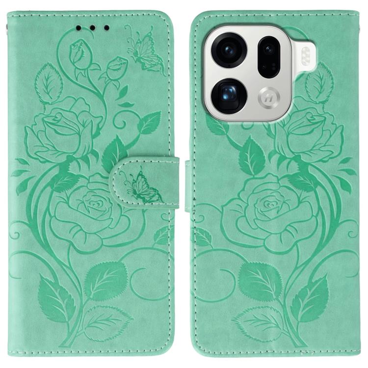 

For OPPO Find X9 Pro Rose Butterfly Embossed Leather Phone Case(Green)