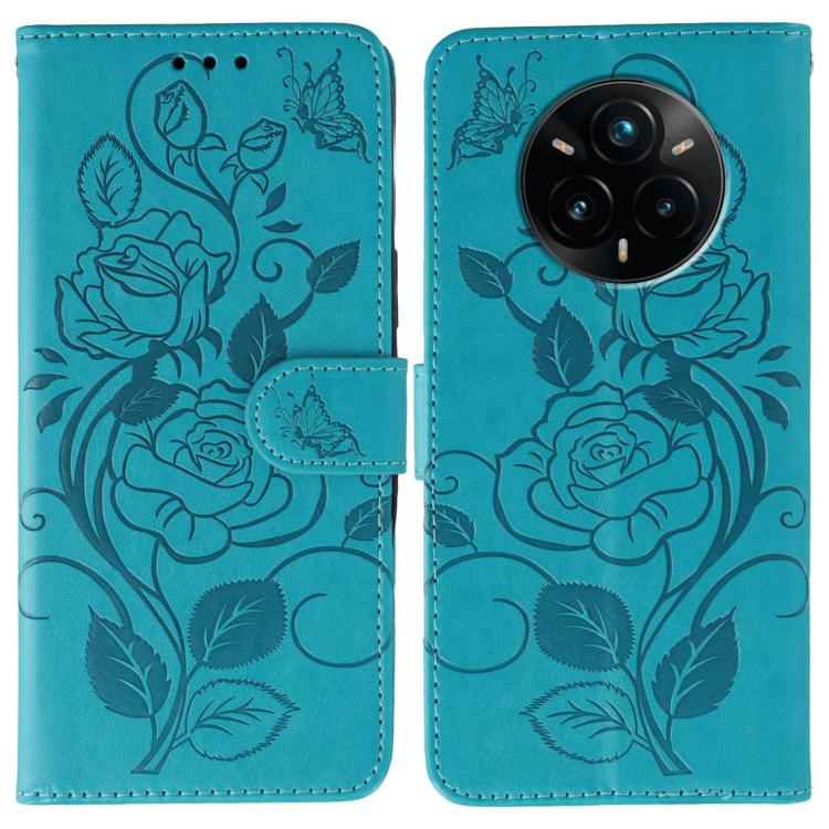 

For Realme 14 Pro+ Rose Butterfly Embossed Leather Phone Case(Blue)