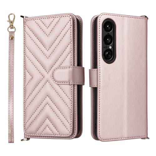 

For Sony Xperia 1 VII Multifunctional 6-Card Slots Leather Phone Case with Wrist Strap(Pink)
