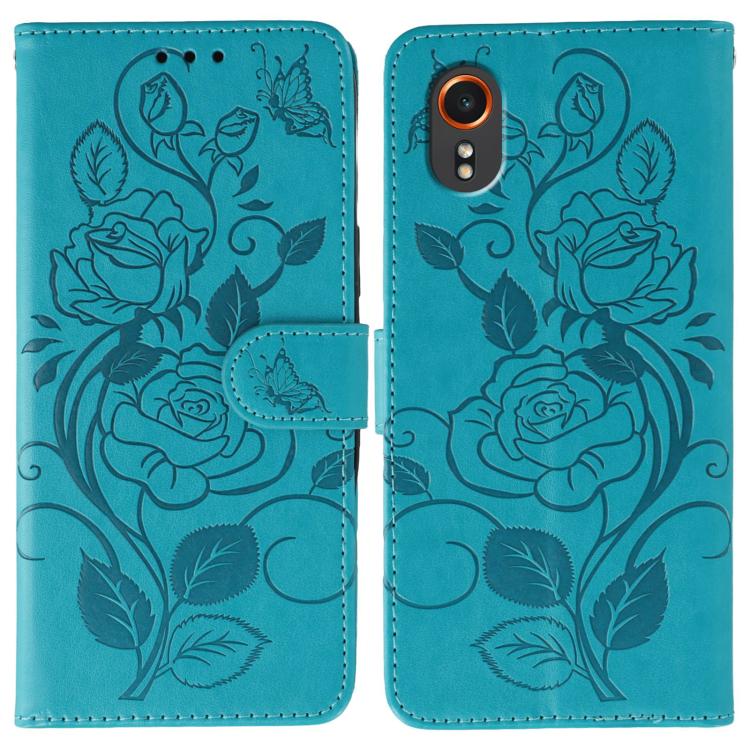 

For Samsung Galaxy XCover7 Rose Butterfly Embossed Leather Phone Case(Blue)