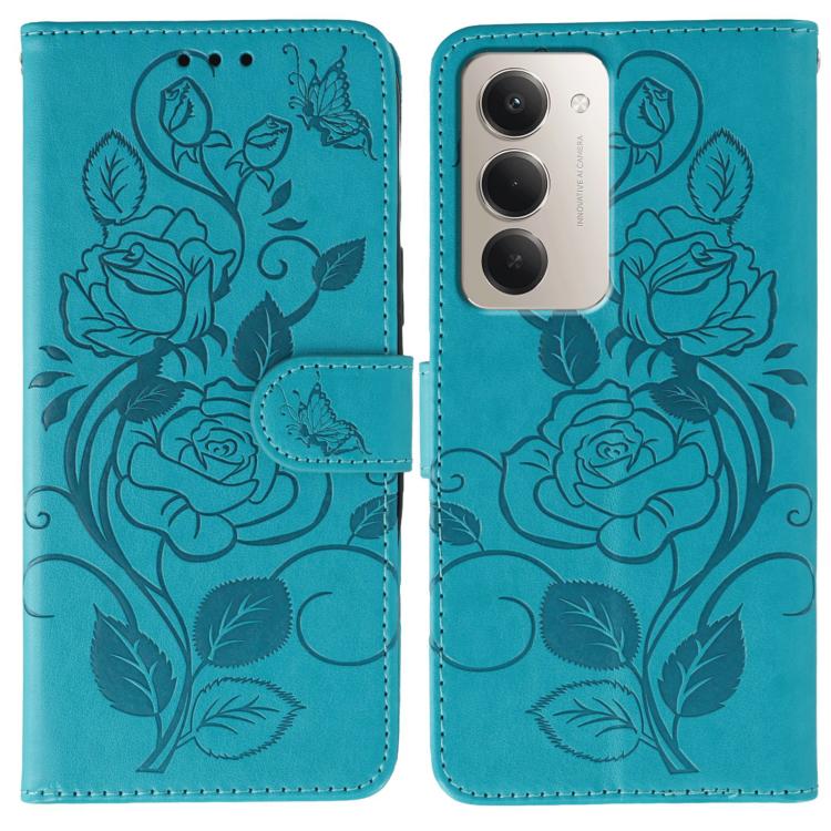 

For Redmi 15 5G Global / 15 4G SEA Rose Butterfly Embossed Leather Phone Case(Blue)