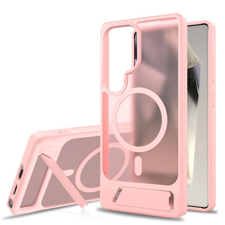 

For Samsung Galaxy S25 Ultra 5G Frosted Holder PC Hybrid TPU MagSafe Phone Case(Pink)