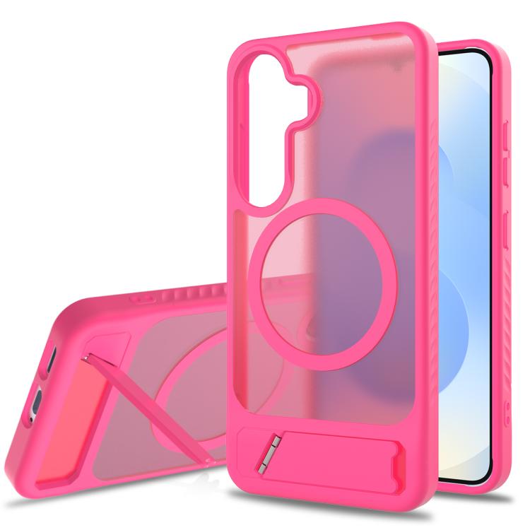 

For Samsung Galaxy S25 5G Frosted Holder PC Hybrid TPU MagSafe Phone Case(Rose Red)