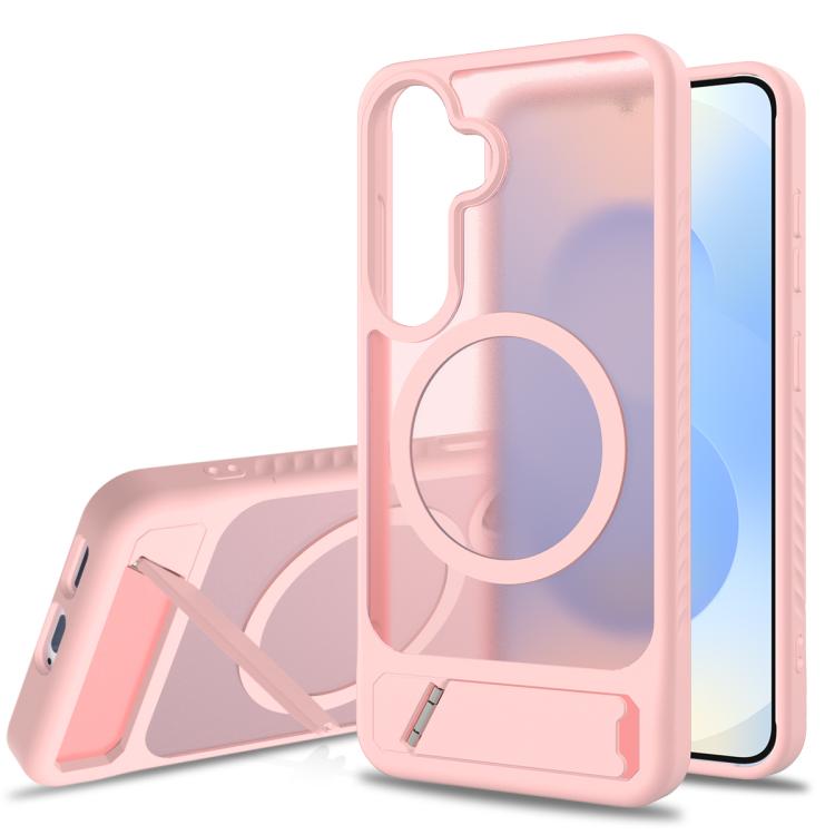 

For Samsung Galaxy S24 5G Frosted Holder PC Hybrid TPU MagSafe Phone Case(Pink)