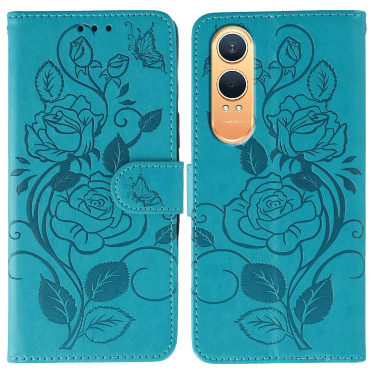 

For OnePlus Nord CE4 Lite Global Rose Butterfly Embossed Leather Phone Case(Blue)