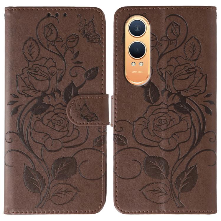 

For OnePlus Nord CE4 Lite Global Rose Butterfly Embossed Leather Phone Case(Brown)