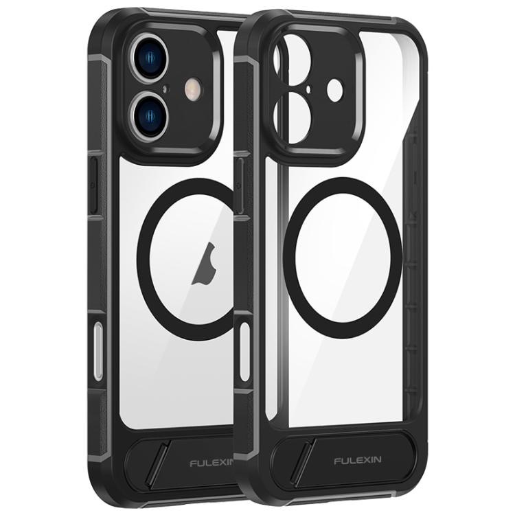 

For iPhone 16 FULEXIN L1 Series Transparent MagSafe Holder Phone Case(Black)