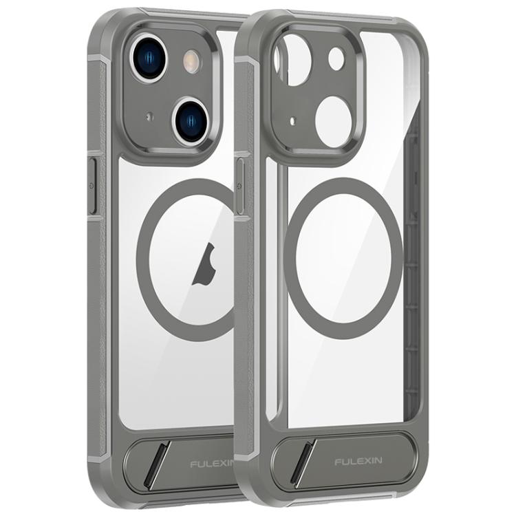 

For iPhone 15 FULEXIN L1 Series Transparent MagSafe Holder Phone Case(Grey)