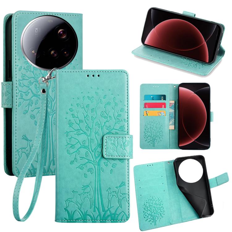 

For Xiaomi 15 Ultra Tree & Deer Embossed Leather Phone Case(Green)