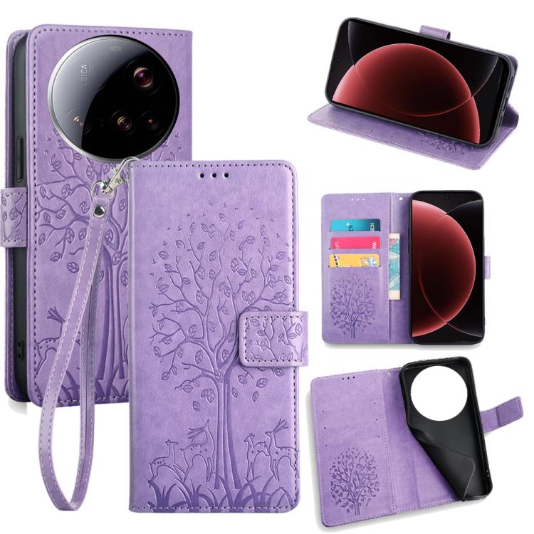

For Xiaomi 15 Ultra Tree & Deer Embossed Leather Phone Case(Purple)