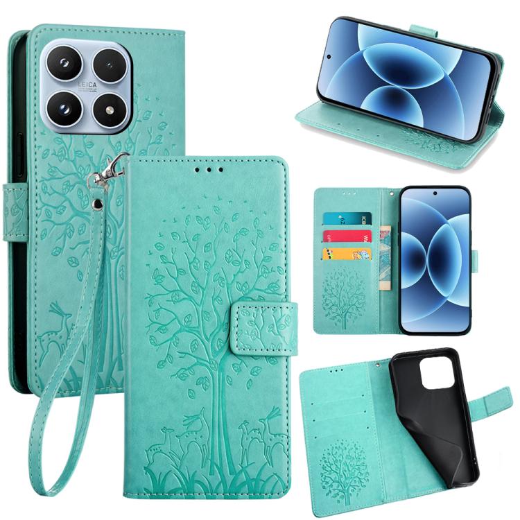 

For Xiaomi 17 Tree & Deer Embossed Leather Phone Case(Green)