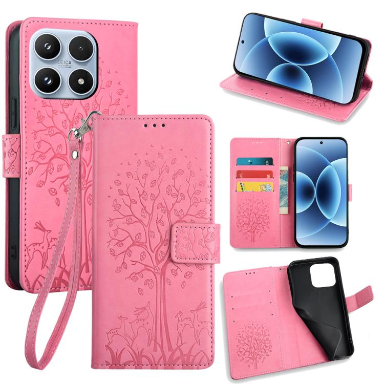 

For Xiaomi 17 Tree & Deer Embossed Leather Phone Case(Pink)