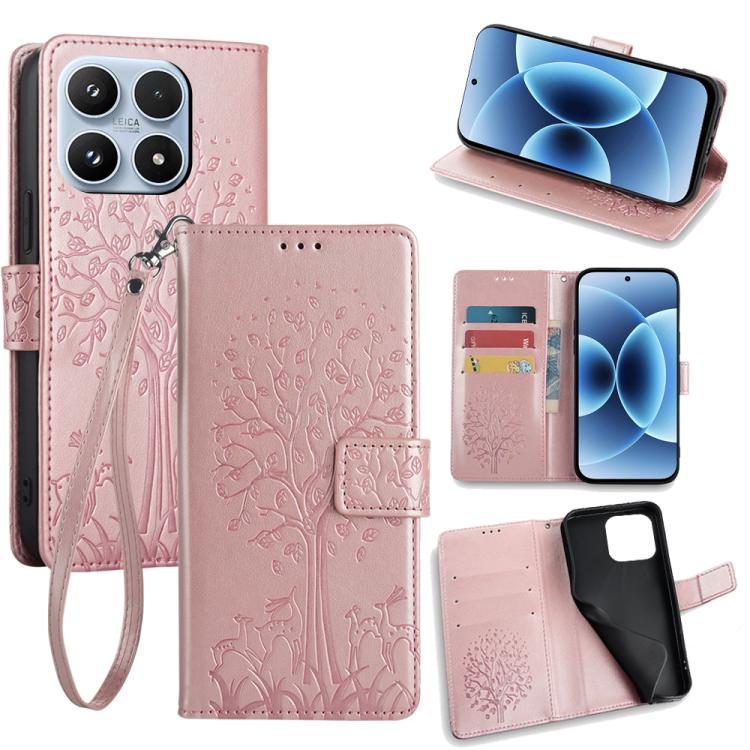 

For Xiaomi 17 Tree & Deer Embossed Leather Phone Case(Rose Gold)